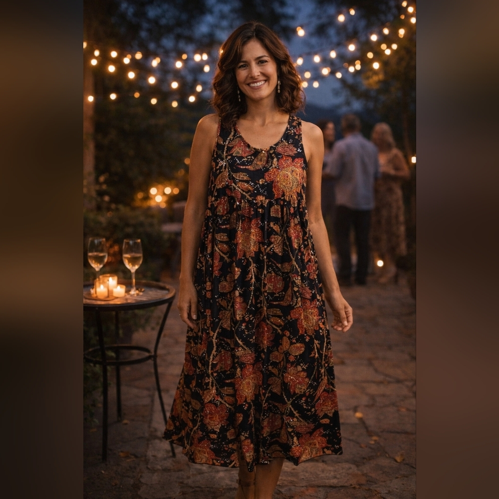 Island Life Floral Sleeveless Midi Dress - Black & Red with Rhinestones